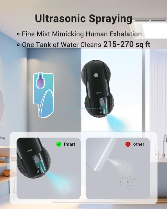 FMART T9Pro Window Cleaning Robot, Ultrasonic Atomization Intelligent Water Spray, 3800PA Suction Power, AI Intelligent Path Planning, Edge Detection Technology, Remote Control Robot Window Cleaner