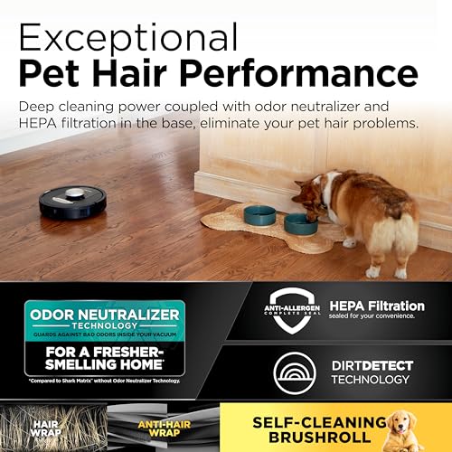 Shark PowerDetect Self-Empty Robot Vacuum with NeverStuck Technology, Auto Deep-Clean Carpets & Hardfloors, XL 60 Day Capacity HEPA Bagless Base Neutralizes Odors, for Pet Hair, Black (AV2820AE)