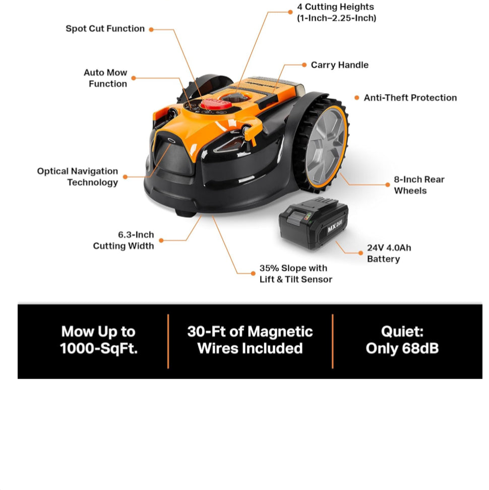 LawnMaster OcuMow™ Perimeter Wire Free Robot Lawn Mower Cuts Small Lawns 1500-2000 Square Feet with Optical Navigation, Obstacle Avoidance, Low Noise and No Go Functionl