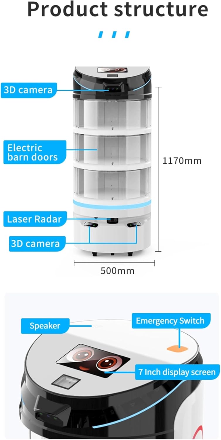 Service Food Delivery Robot with 3D Camera, Automatic Obstacle Avoidance, Automatic Back to Charge, for Restaurant Coffee Shop Fast Food Shop and Pizza