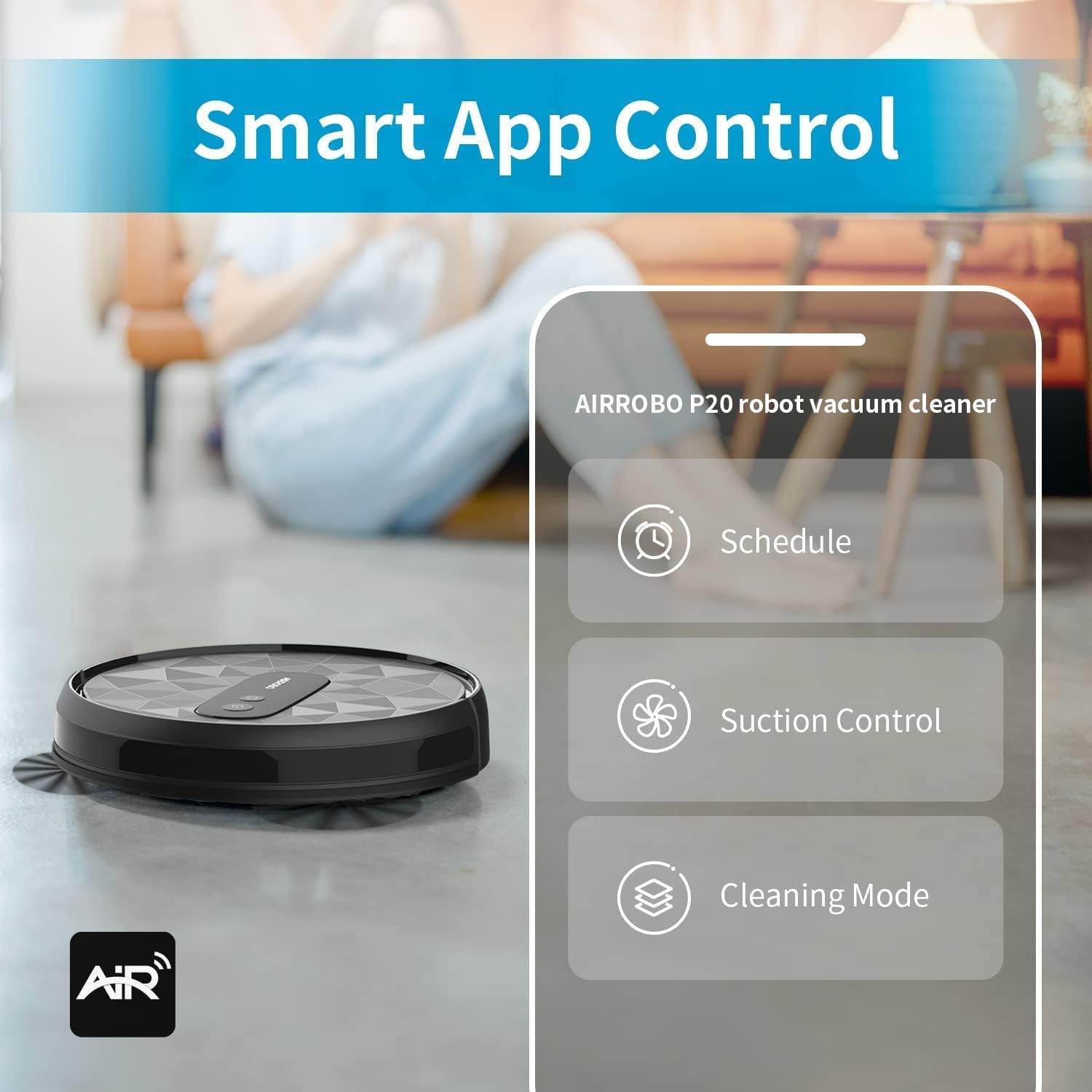 AIRROBO Robot Vacuum Cleaner - Robotic Vacuums with 2800Pa Suction Power, Ideal for Pet Hair, Hard Floors, and Low Carpets - Self-Charging, App Control - 120 Minutes Runtime.