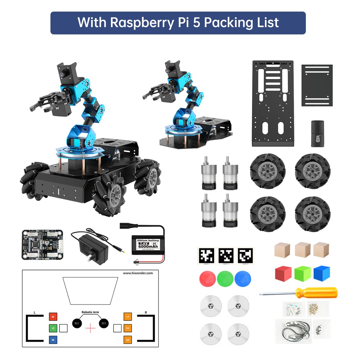 HIWONDER 6DOF Robot Arm Raspberry Pi 5 4GB AI Vision Robotic Arm Robot Car with 4WD Mecanum Wheel Chassis DIY Robot ROS Open Source for Adults and Teens（ArmPi Pro）