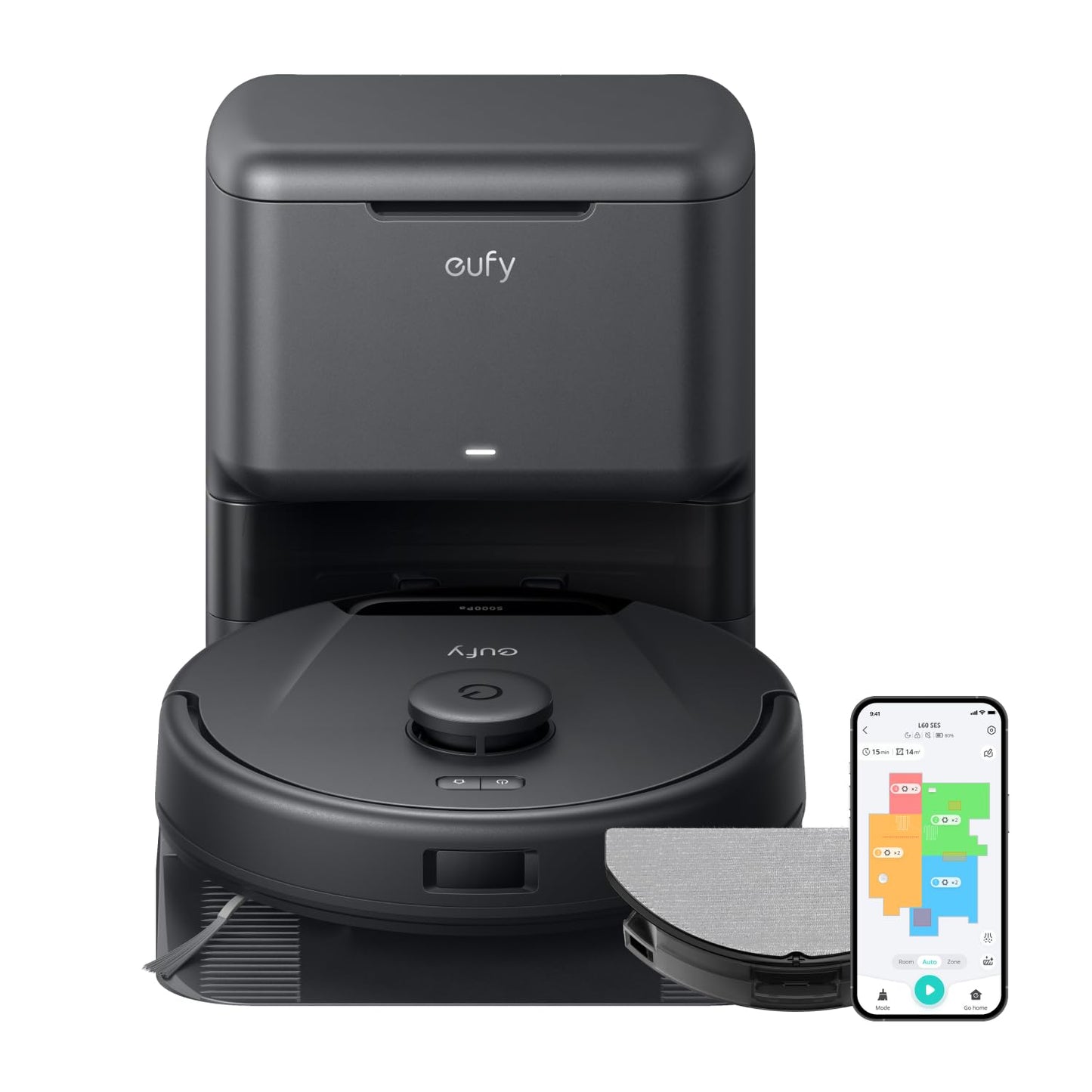 eufy L60 Hybrid Robot Vacuum with Self Empty Station, Hair Detangling Technology, Up to 60 Days of Hands Free Cleaning, Ultra Strong 5,000 Pa Suction to Remove Hair, Dust, Mop Pad