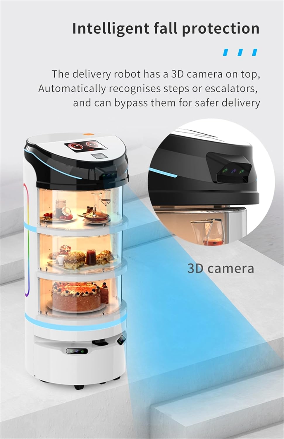 Service Food Delivery Robot with 3D Camera, Automatic Obstacle Avoidance, Automatic Back to Charge, for Restaurant Coffee Shop Fast Food Shop and Pizza