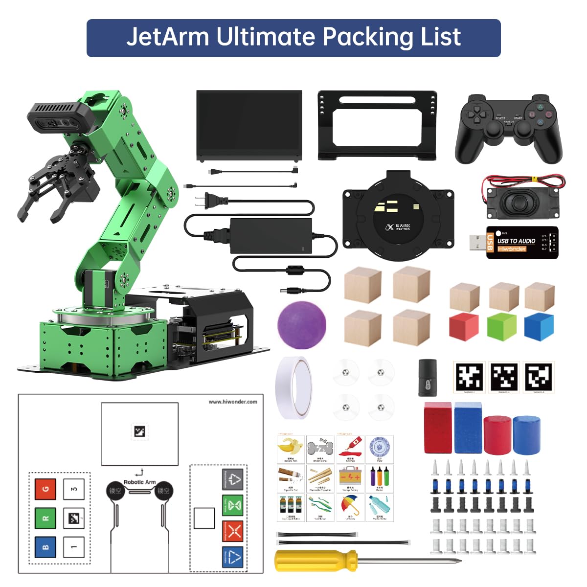 HIWONDER JetArm 6DOF Robotic Arm Powered by Jetson Nano Robot Arm Kits ROS Open Source AI Vision Recognition Program Robot for ROS Education Scenarios（Ultimate Kit）