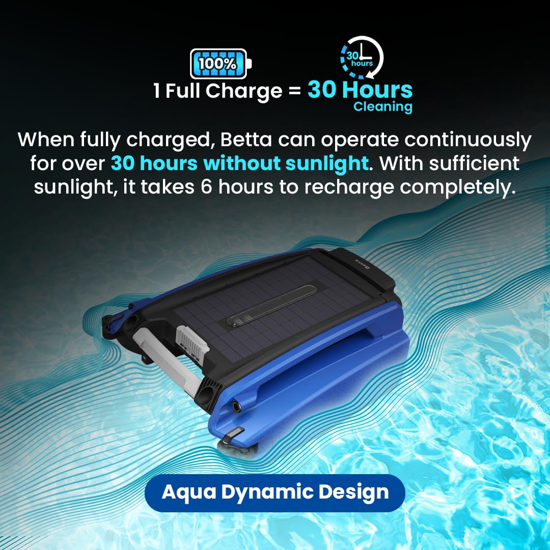 Betta SE Solar Powered Automatic Robotic Pool Surface Skimmer Cleaner with 30-Hour Continuous Cleaning Battery Power and Re-Engineered Twin Salt Chlorine Tolerant Motors (Blue)