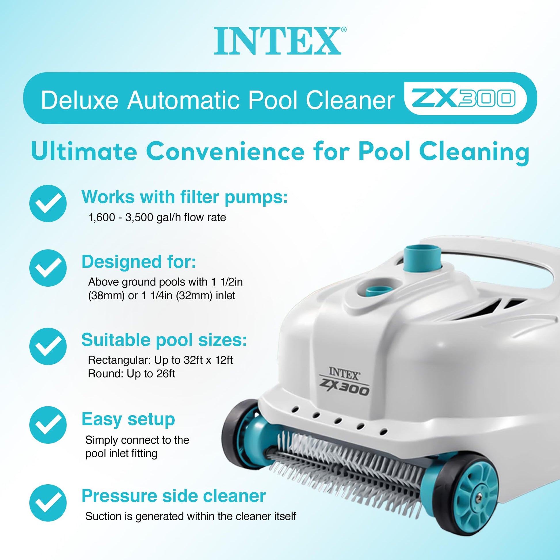 Intex 28001E Above Ground Pool Automatic Pool Cleaner Pressure Side Vacuum Cleaner with 24 Foot 7 Inch Hose Pools Only w/a 1.5 Inch Fitting