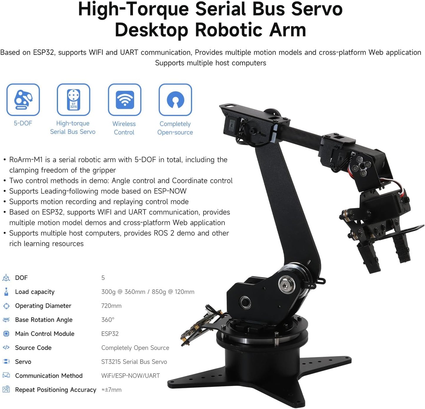 Waveshare Robotic Arm Kit, Desktop Robotic Kit, High-Torque Serial Bus Servo, Based On ESP32, 5-DOF, Supports Wireless Control