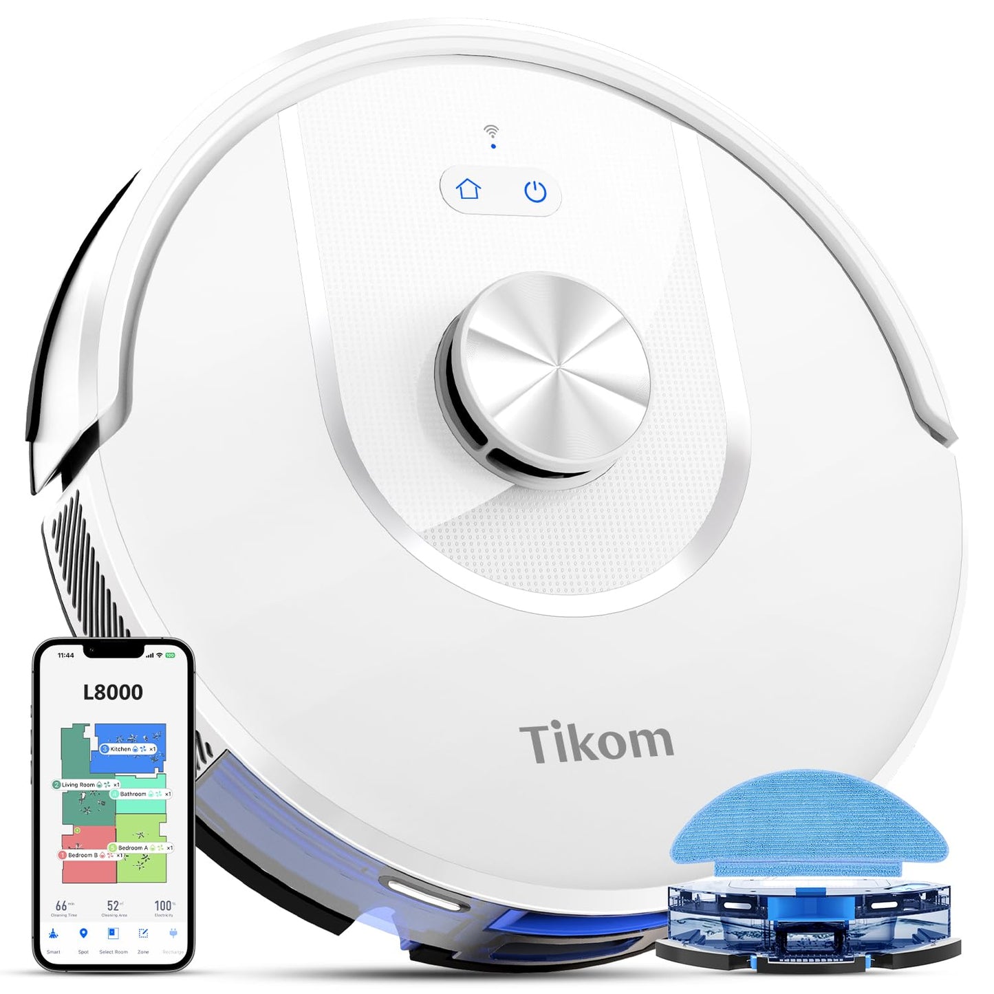 Tikom Robot Vacuum and Mop, L8000 Laser LiDAR Navigation Robotic Vacuum, 3000Pa Suction, 150Mins Max, 45dB, 14 No-Go Zones, 20 Virtual Walls, Self-Charging, Good for Pet Hair, Carpet, Hard Floor White