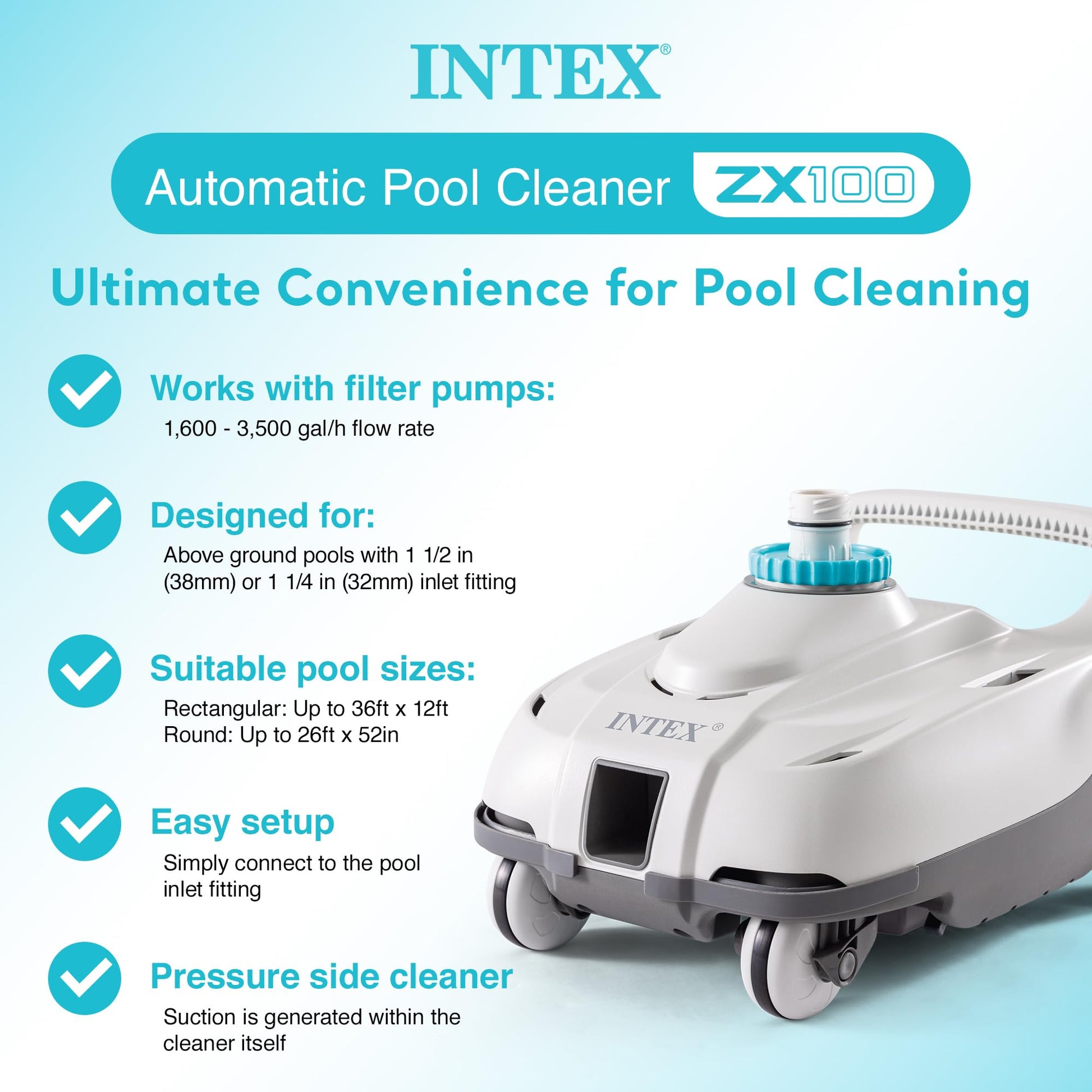 Intex 28001E Above Ground Pool Automatic Pool Cleaner Pressure Side Vacuum Cleaner with 24 Foot 7 Inch Hose Pools Only w/a 1.5 Inch Fitting