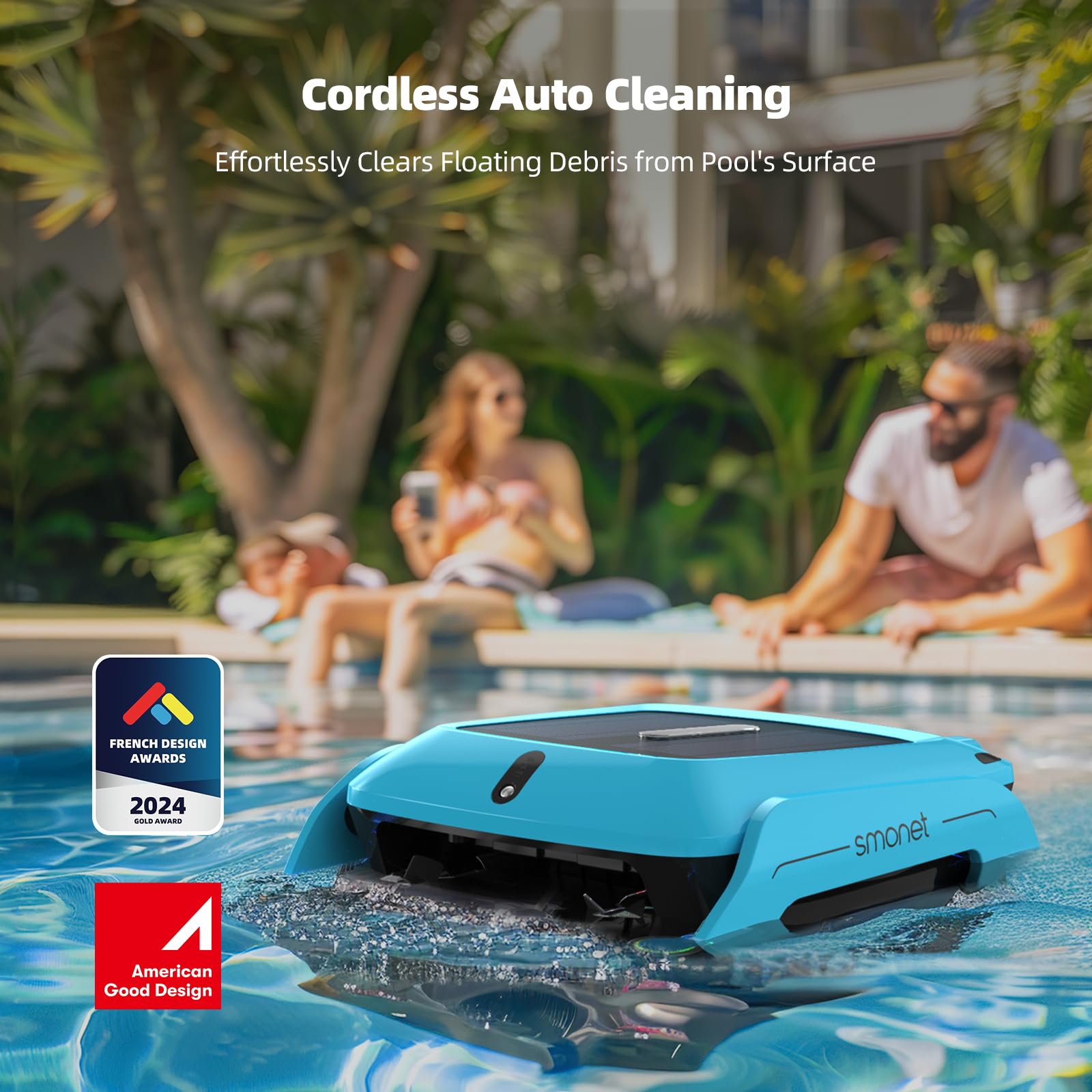 SMONET Solar Powered Automatic Robotic Pool Skimmer Cleaner with Dual Charging Options and Ultrasonic Radar Obstacle Avoidance Twin Salt Chlorine Tolerant Motors(Blue)