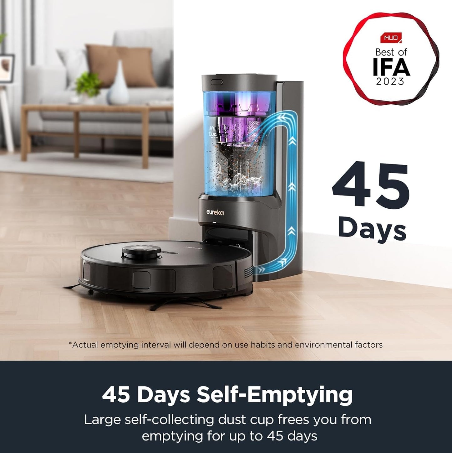 Eureka E20 Plus Robot Vacuum with Bagless Self Emptying Station, Robotic Vacuum and Mop Combo, 45-Day Capacity, Upgraded 8000Pa Suction and Anti Hair-Tangling Brush, LiDAR Navigation, App Control