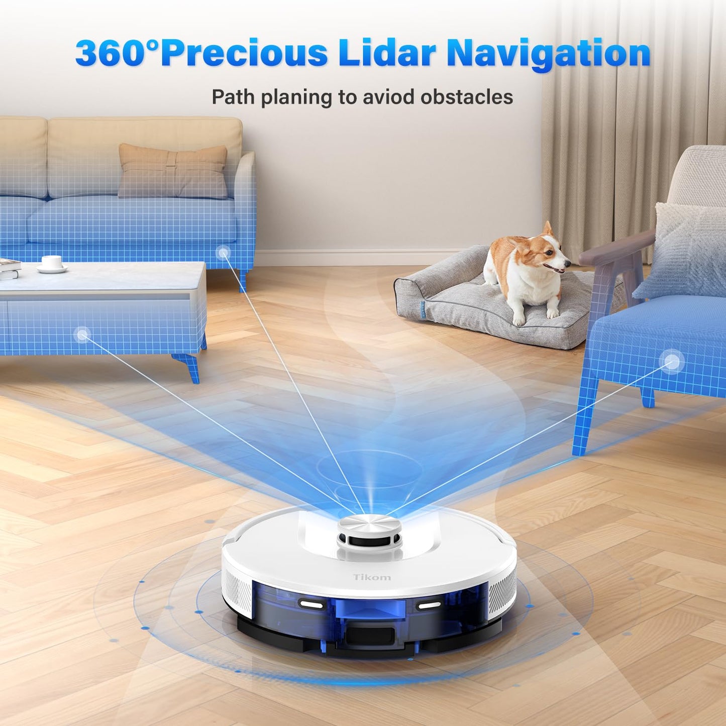 Tikom Robot Vacuum and Mop, L8000 Laser LiDAR Navigation Robotic Vacuum, 3000Pa Suction, 150Mins Max, 45dB, 14 No-Go Zones, 20 Virtual Walls, Self-Charging, Good for Pet Hair, Carpet, Hard Floor