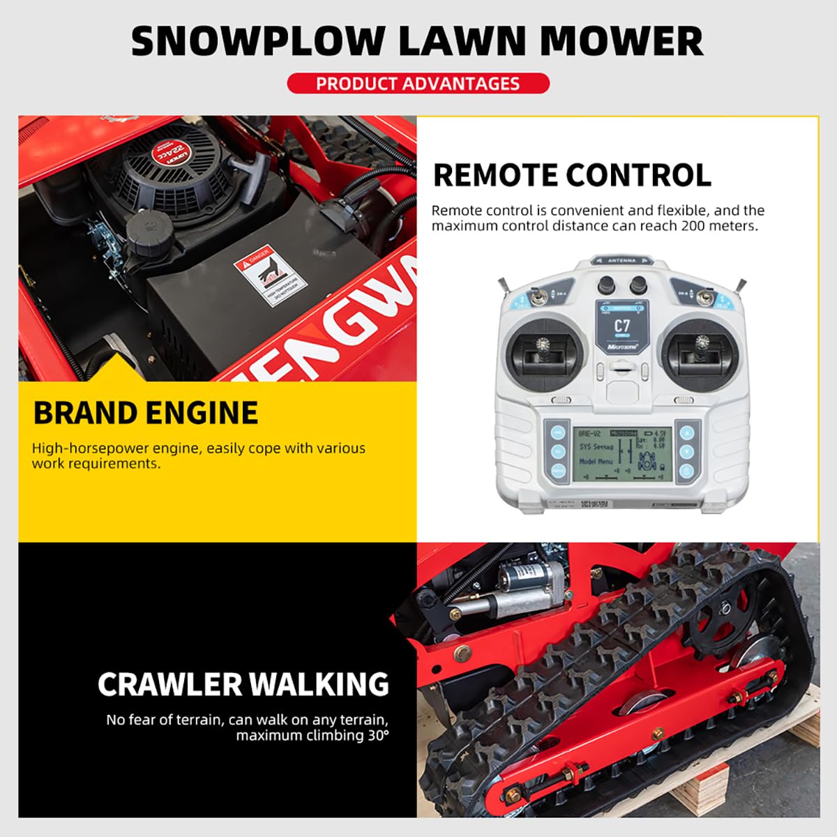 Remote Control Snow Removal and Lawn Mower Electric Start 45°Climbing Crawler Anti-Skid Snow Removal Machine All-Terrain Lawn Mower and Snow Removal Machine (HW-224 Snow)