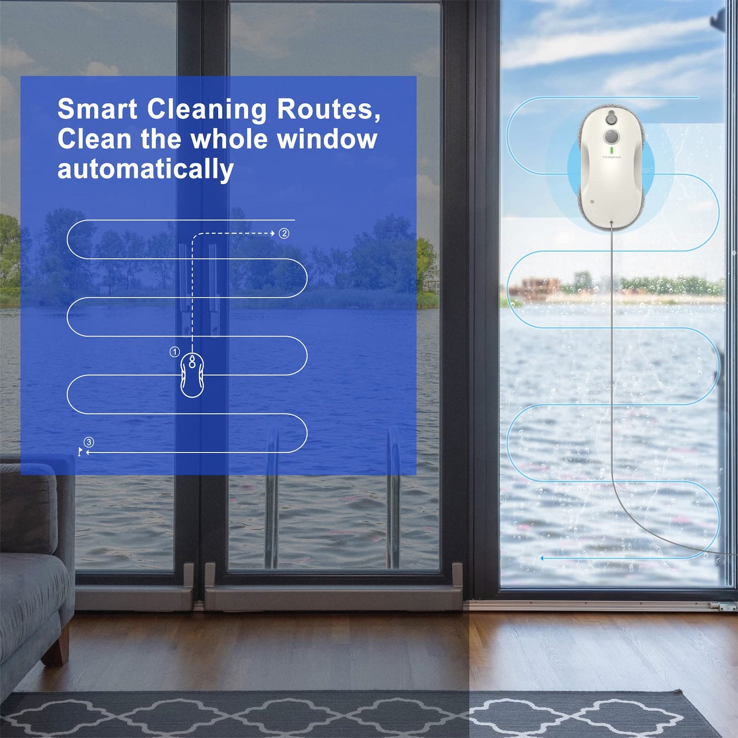 Tosima W2 Window Cleaner Robot, Automatic Cleaning with Intelligent Path Planning, 3800Pa Suction Power, Edge Detection Technology, Remote Control