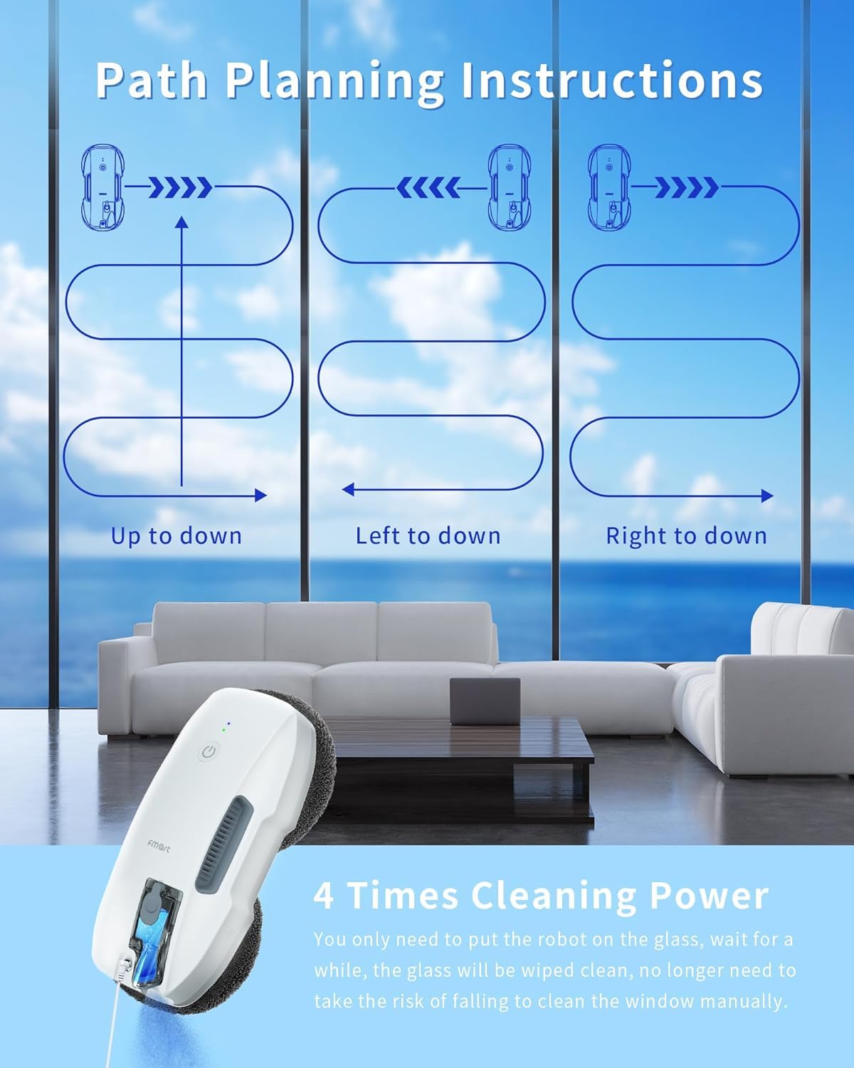 FMART T9Pro Window Cleaning Robot, Ultrasonic Atomization Intelligent Water Spray, 3800PA Suction Power, AI Intelligent Path Planning, Edge Detection Technology, Remote Control Robot Window Cleaner