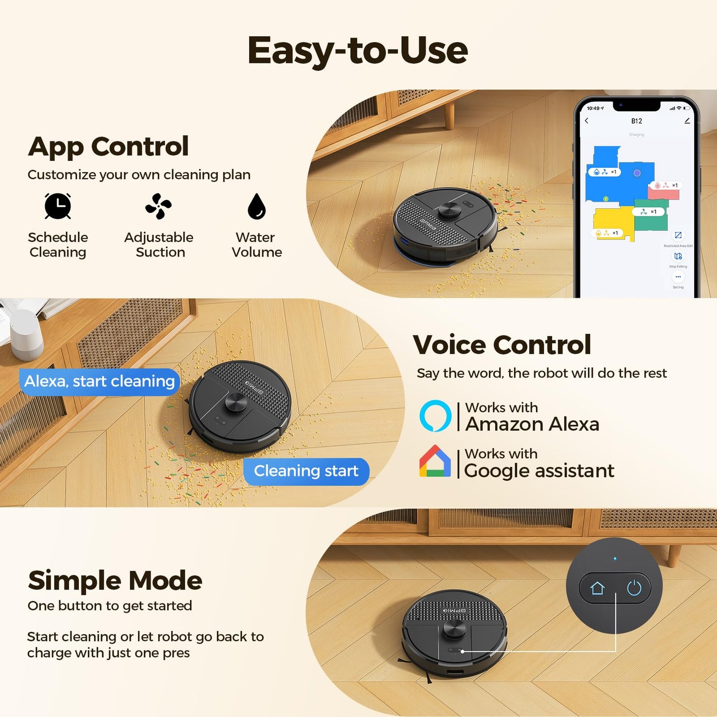 BPMIO Robot Vacuum and Mop Combo 4500Pa Max Suction with LiDAR Navigation Smart Mapping, 145 Min Runtime Customized Cleaning Schedule, Works with Alexa/WiFi/App, Great for Pet Hair, Carpet, Hard Floor