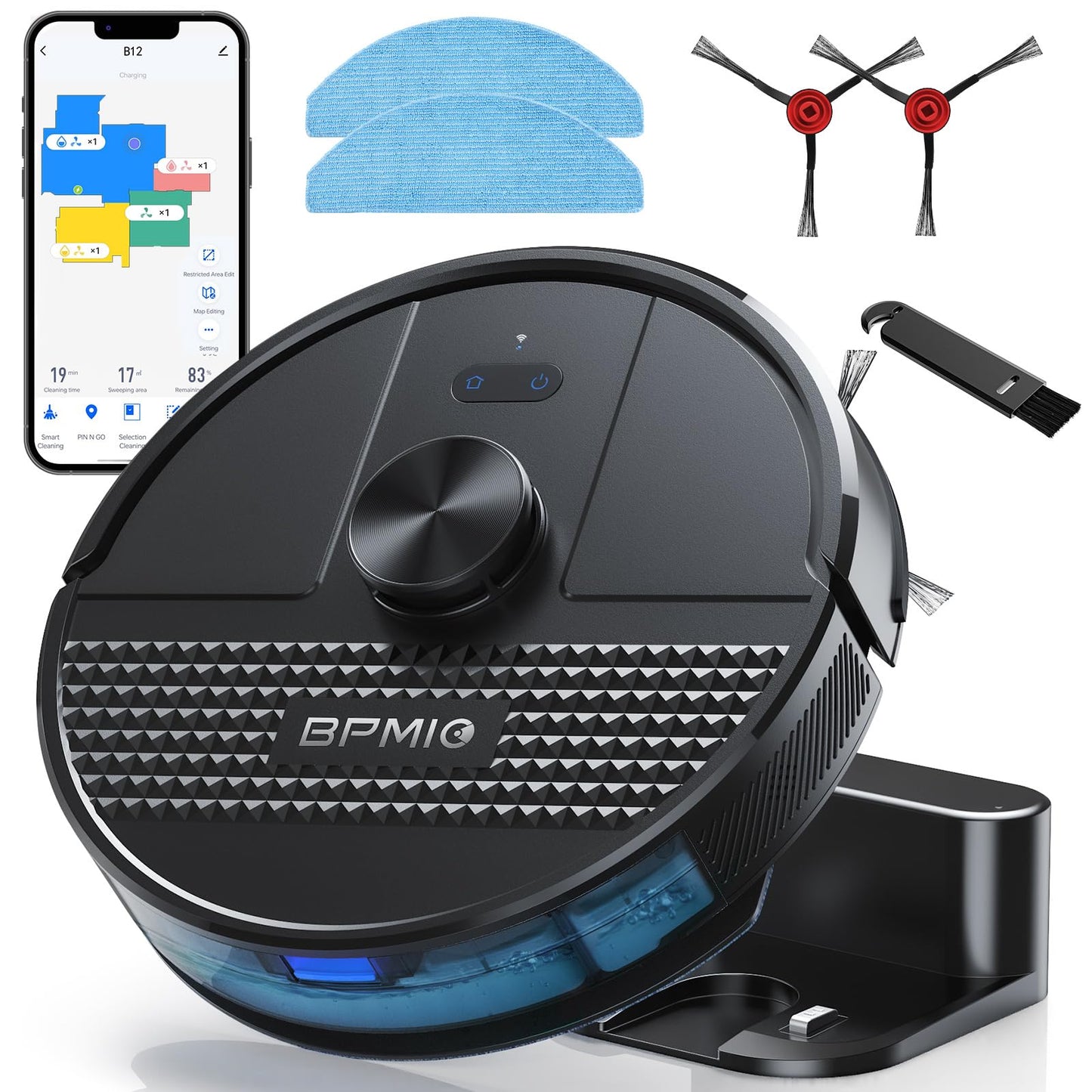 BPMIO Robot Vacuum and Mop Combo 4500Pa Max Suction with LiDAR Navigation Smart Mapping, 145 Min Runtime Customized Cleaning Schedule, Works with Alexa/WiFi/App, Great for Pet Hair, Carpet, Hard Floor B12