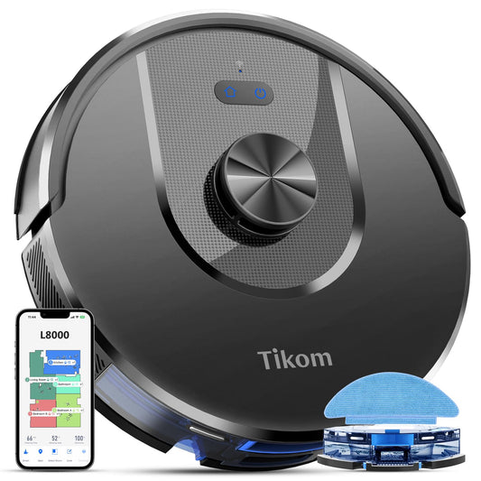 Tikom Robot Vacuum and Mop, L8000 Laser LiDAR Navigation Robotic Vacuum, 3000Pa Suction, 150Mins Max, 45dB, 14 No-Go Zones, 20 Virtual Walls, Self-Charging, Good for Pet Hair, Carpet, Hard Floor Black