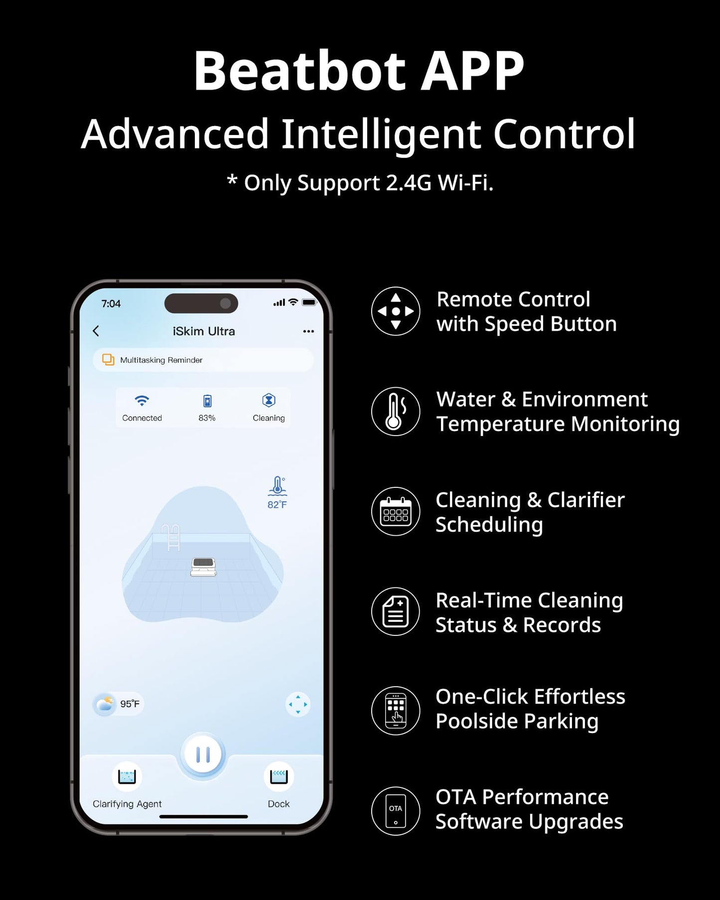 Beatbot iSkim Ultra Solar-Powered Robotic Pool Skimmer, Pool Surface Cleaning Only, Revolutionary Clearwater Clarification System, App Remote Control, S-Path Optimization, Dual-Side Brushes, Ice Blue