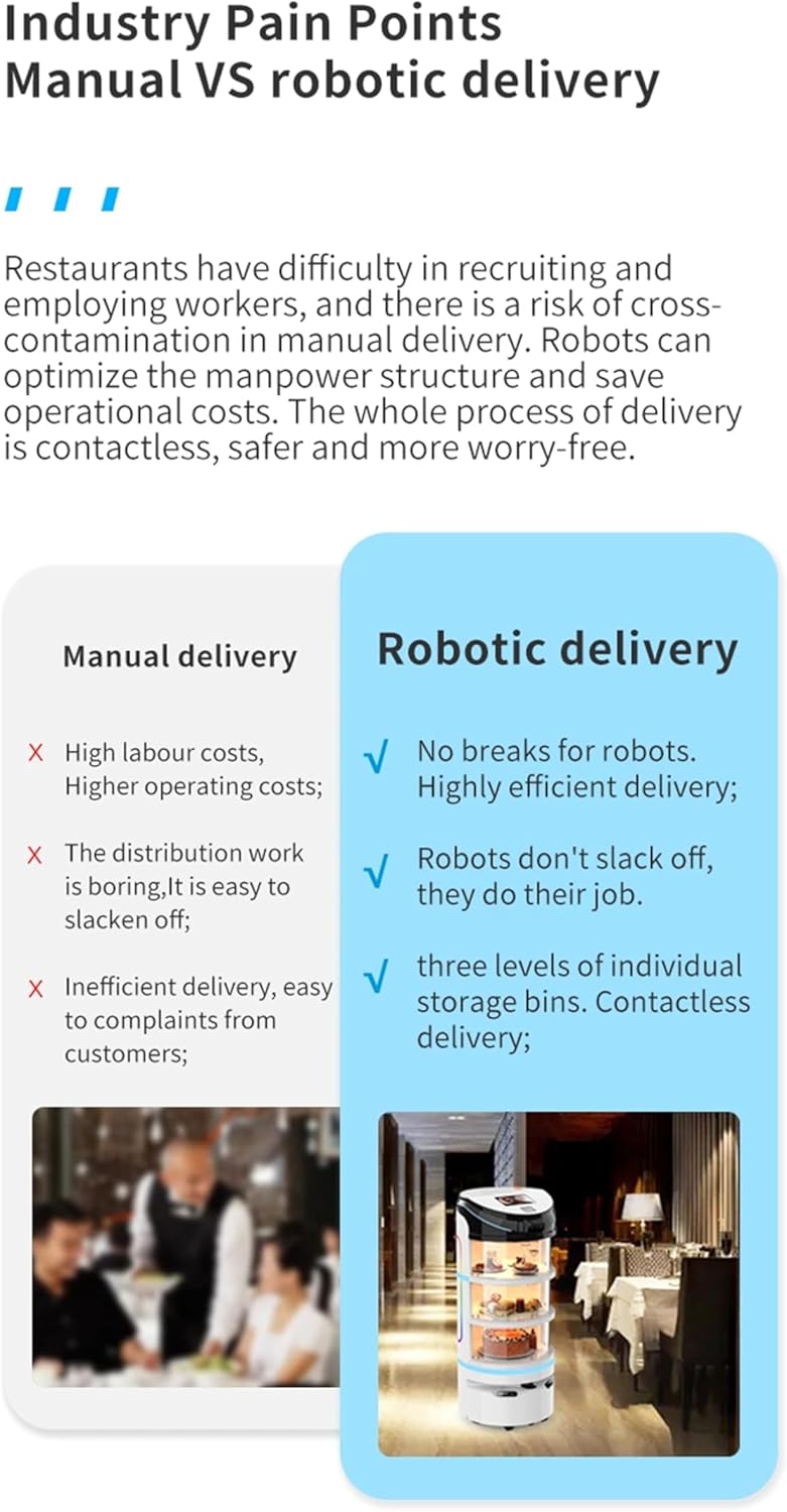 Service Food Delivery Robot with 3D Camera, Automatic Obstacle Avoidance, Automatic Back to Charge, for Restaurant Coffee Shop Fast Food Shop and Pizza