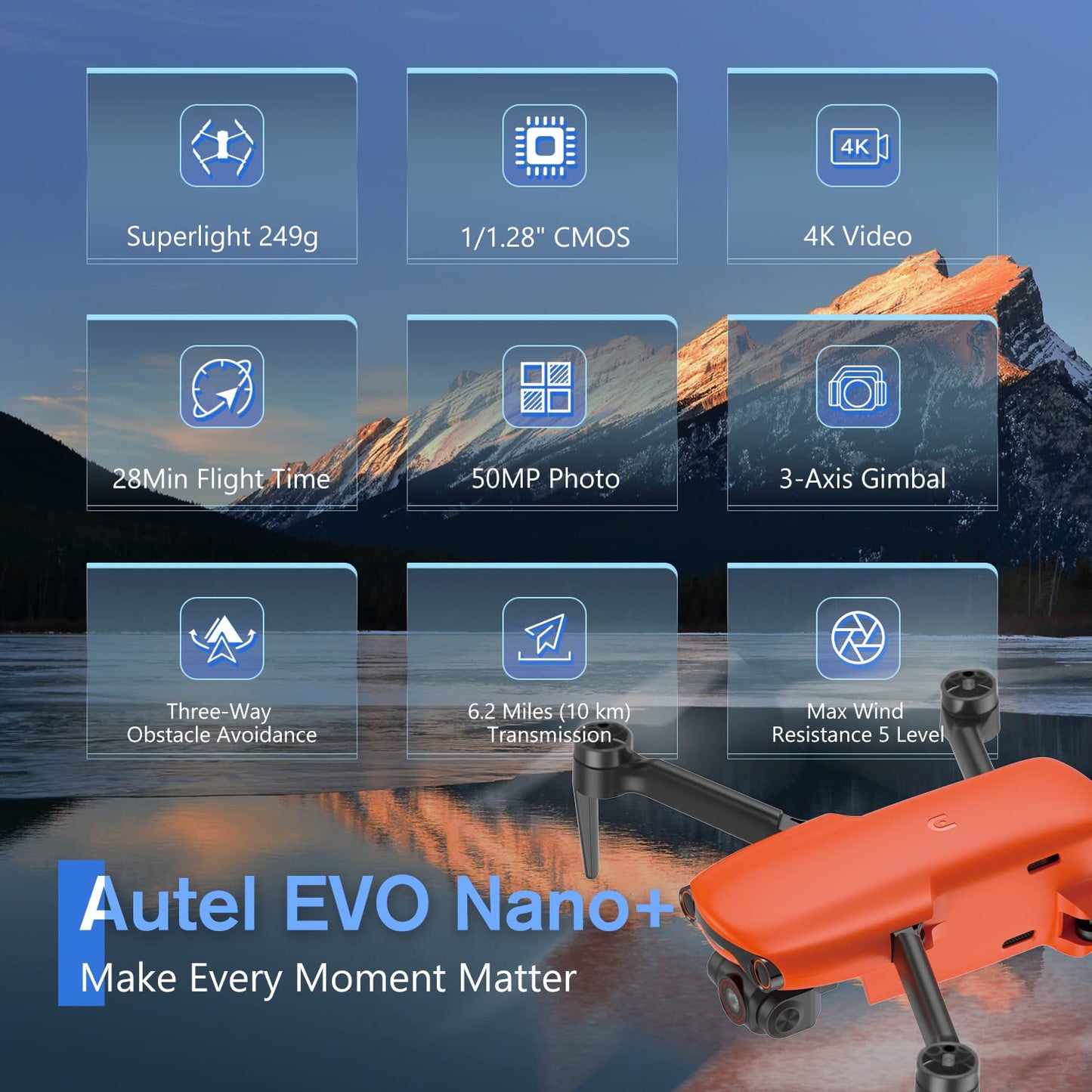 Autel Robotics EVO Nano+ Premium Bundle, 249g Mini Drone with 4K RYYB Camera, PDAF + CDAF Focus, 3-Axis Gimbal, 3-Way Obstacle Avoidance, Nano Plus Fly More Combo, Orange