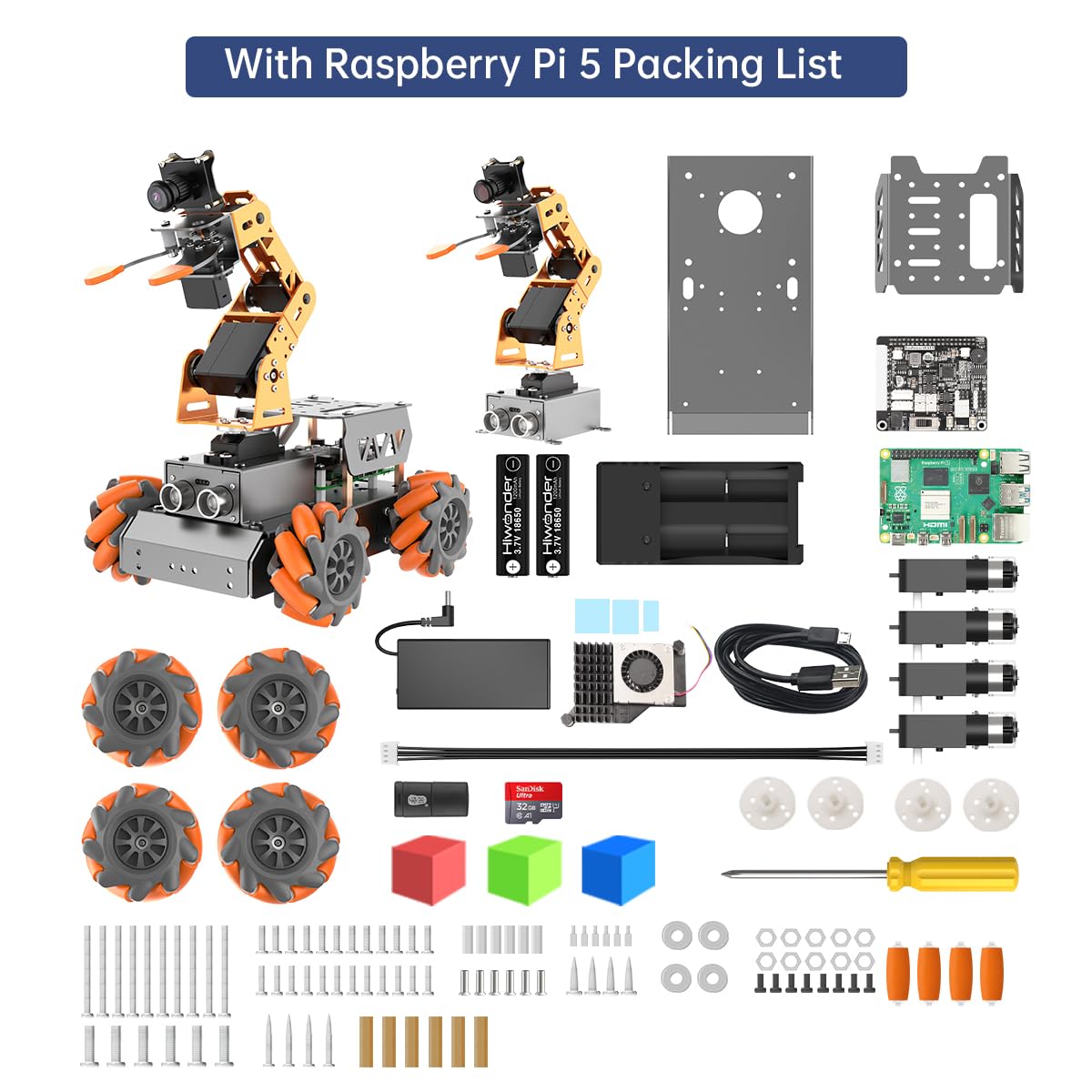 HIWONDER 5DOF AI Vision Robotic Arm Raspberry Pi 5 Smart Robot Arm Mecanum Wheel Chassis Robot Car Kit(Without RPi Board)