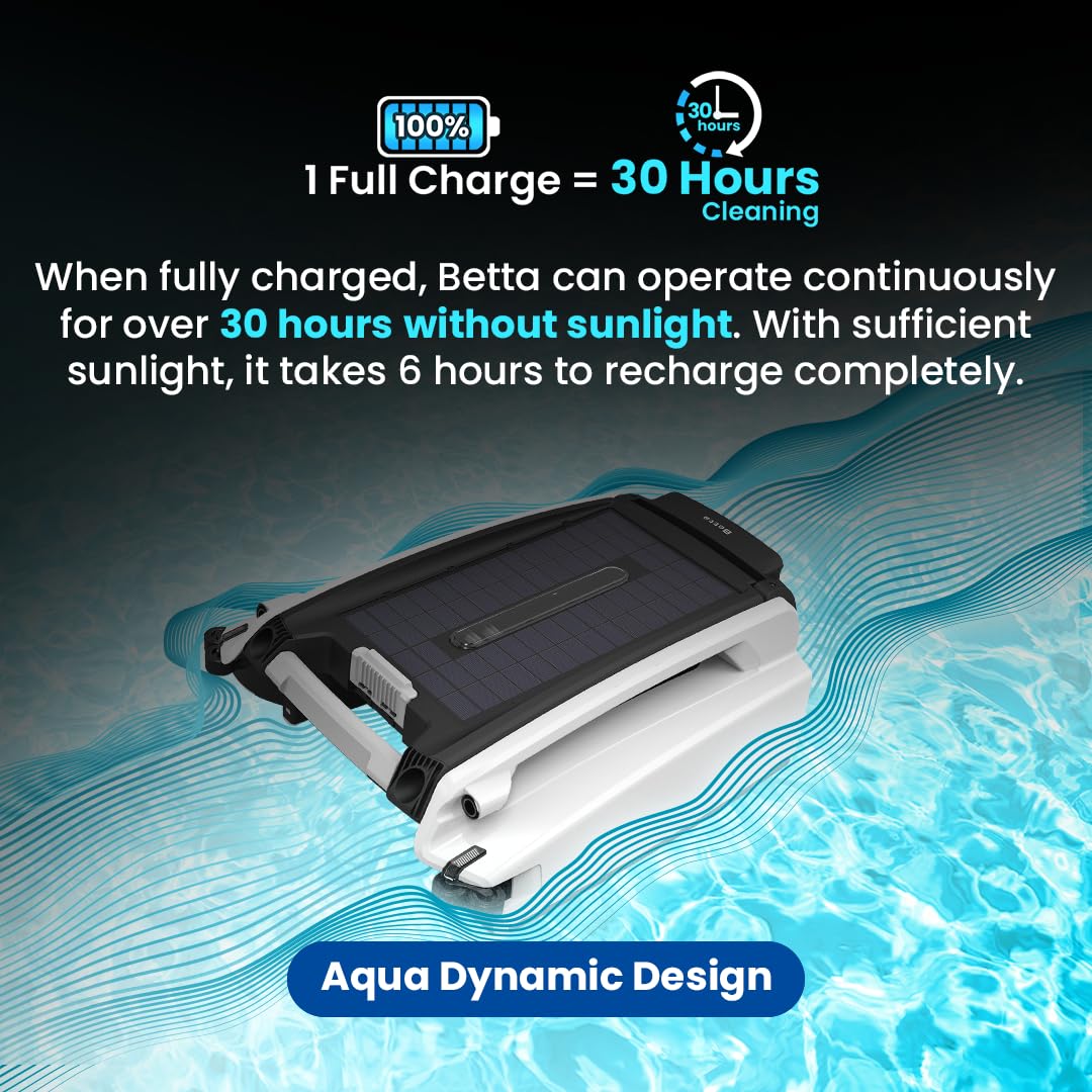 Betta SE Solar Powered Automatic Robotic Pool Surface Skimmer Cleaner with 30-Hour Continuous Cleaning Battery Power and Re-Engineered Twin Salt Chlorine Tolerant Motors (Blue)