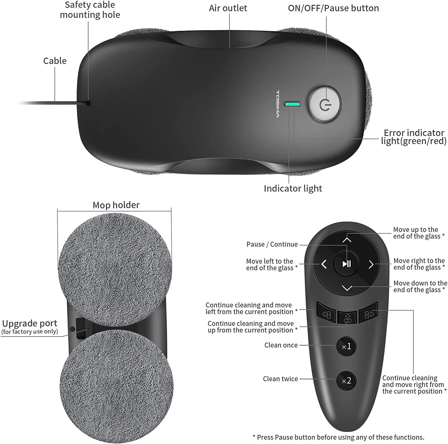 Tosima W2 Window Cleaner Robot, Automatic Cleaning with Intelligent Path Planning, 3800Pa Suction Power, Edge Detection Technology, Remote Control