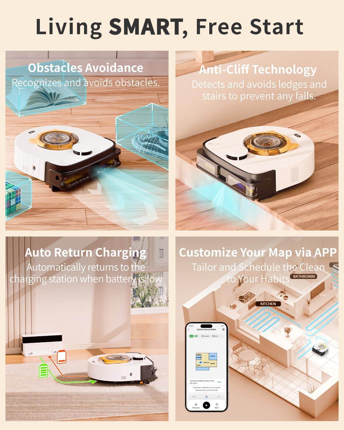 22,000 Pa Robot Vacuum for Pet Hair, Robot Vacuum Cleaner Self Cleaning Brushroll, Robotic Vacuum Ideal for Carpet, Square Robot Vacuum (White)