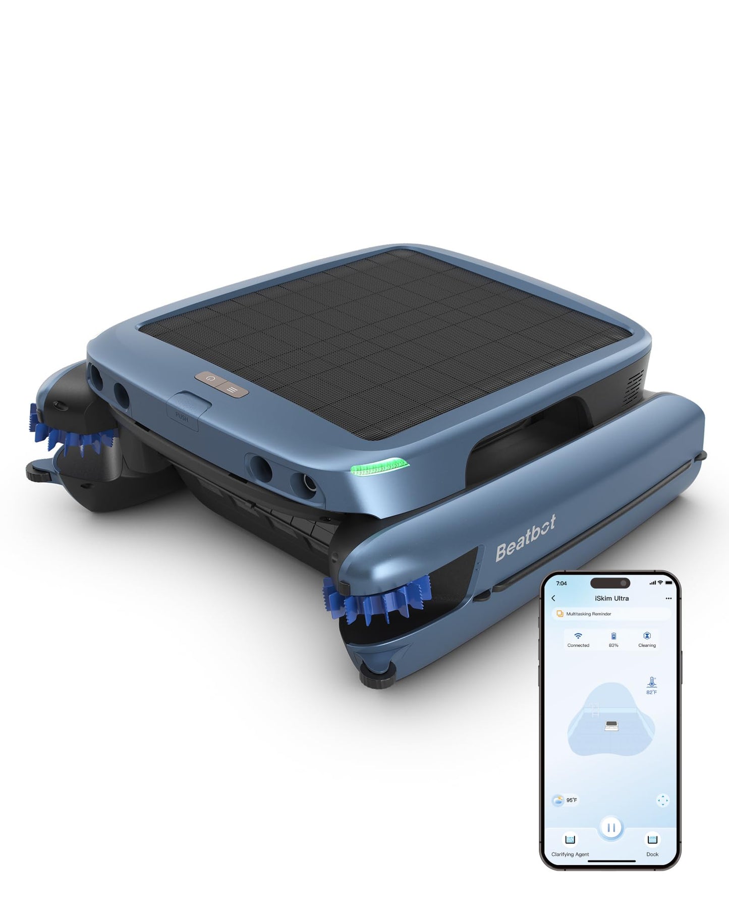 Beatbot iSkim Ultra Solar-Powered Robotic Pool Skimmer, Pool Surface Cleaning Only, Revolutionary Clearwater Clarification System, App Remote Control, S-Path Optimization, Dual-Side Brushes, Ice Blue Ice Blue