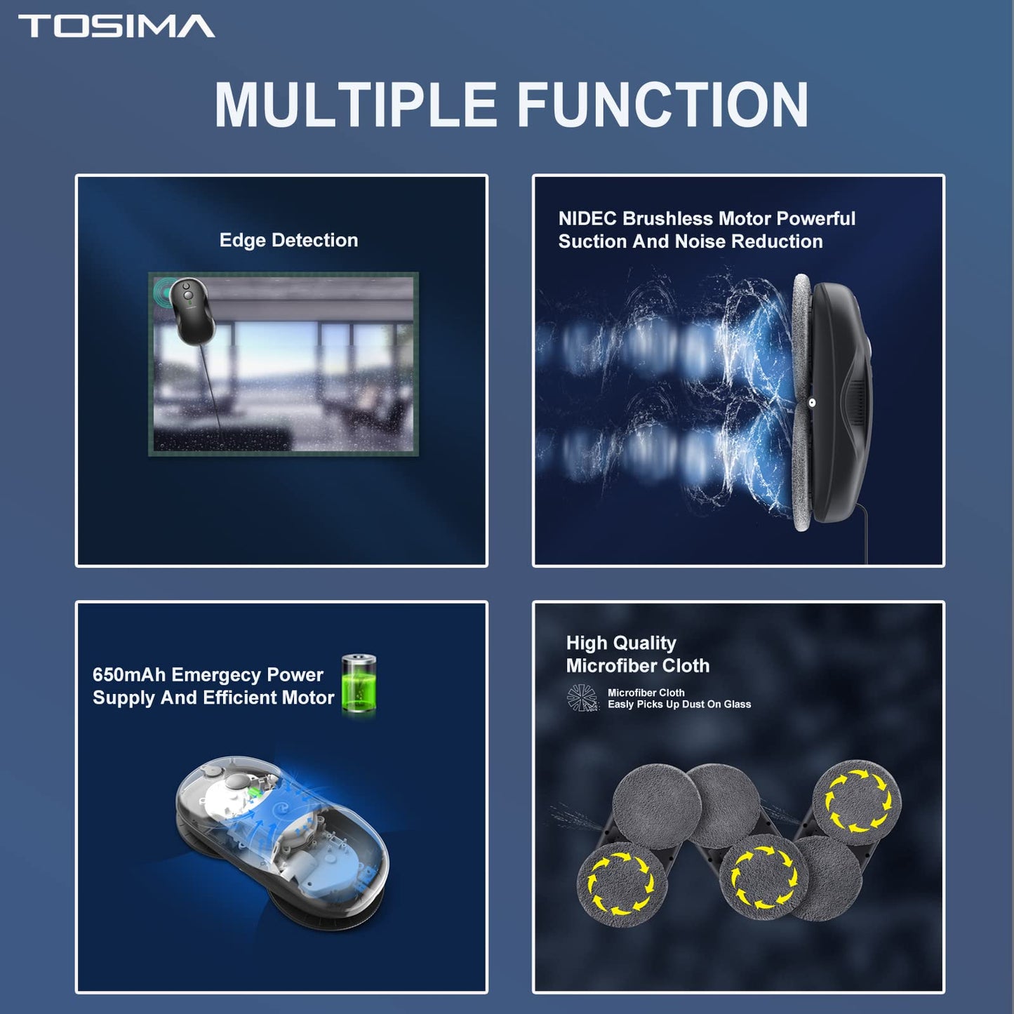 Tosima W2 Window Cleaner Robot, Automatic Cleaning with Intelligent Path Planning, 3800Pa Suction Power, Edge Detection Technology, Remote Control