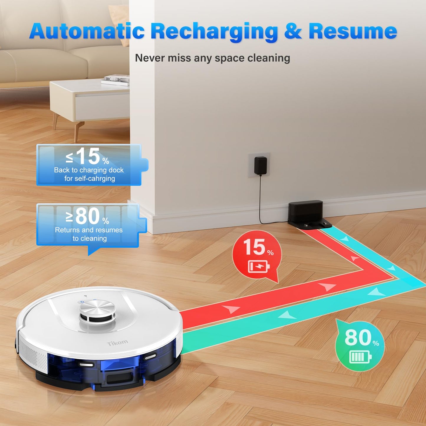 Tikom Robot Vacuum and Mop, L8000 Laser LiDAR Navigation Robotic Vacuum, 3000Pa Suction, 150Mins Max, 45dB, 14 No-Go Zones, 20 Virtual Walls, Self-Charging, Good for Pet Hair, Carpet, Hard Floor