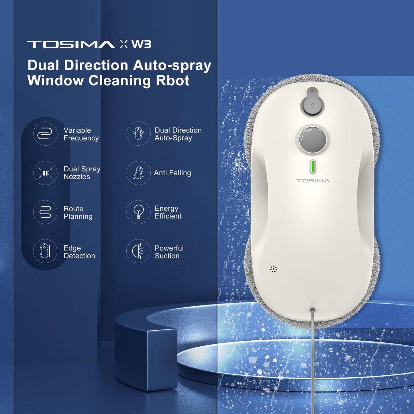 Tosima W2 Window Cleaner Robot, Automatic Cleaning with Intelligent Path Planning, 3800Pa Suction Power, Edge Detection Technology, Remote Control