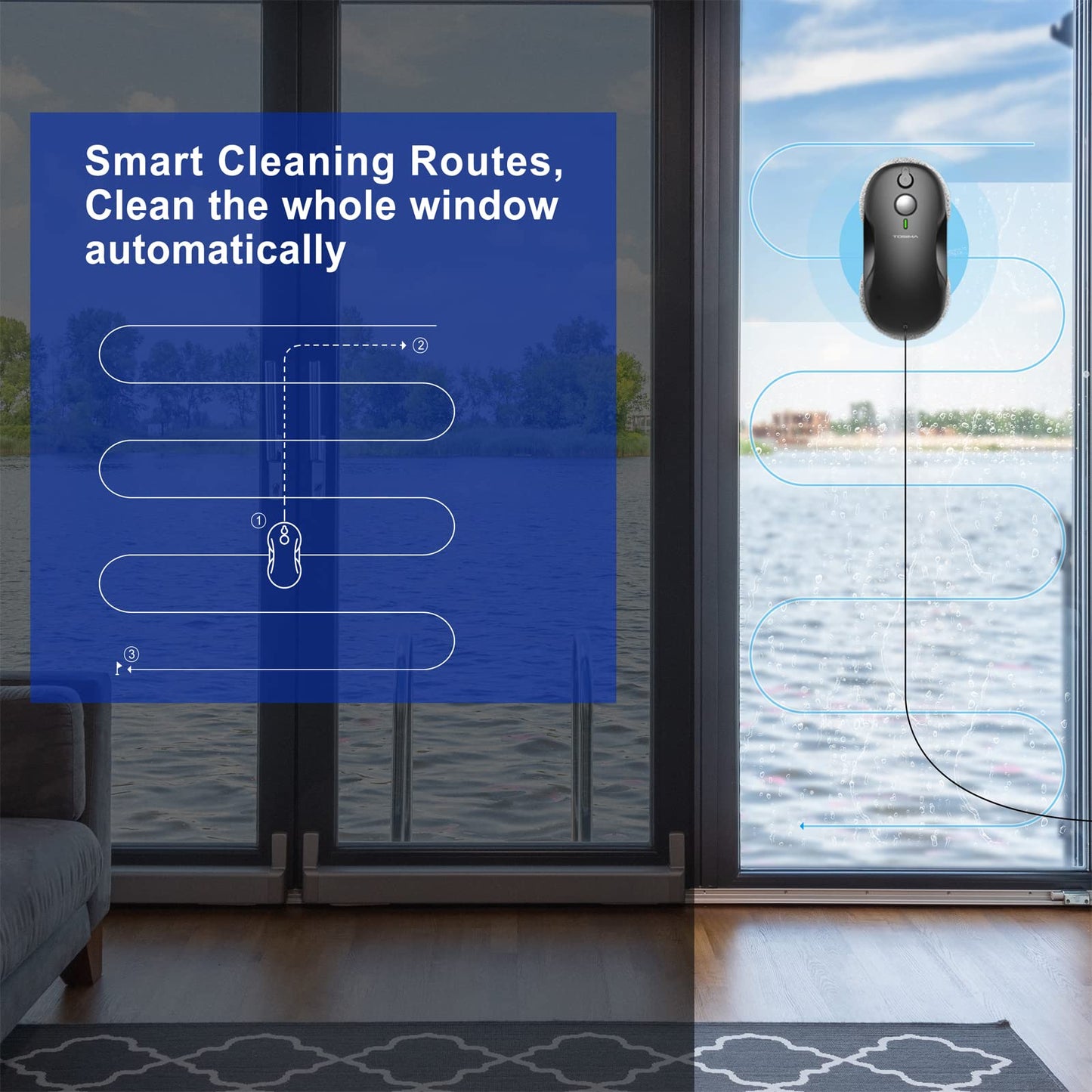 Tosima W2 Window Cleaner Robot, Automatic Cleaning with Intelligent Path Planning, 3800Pa Suction Power, Edge Detection Technology, Remote Control