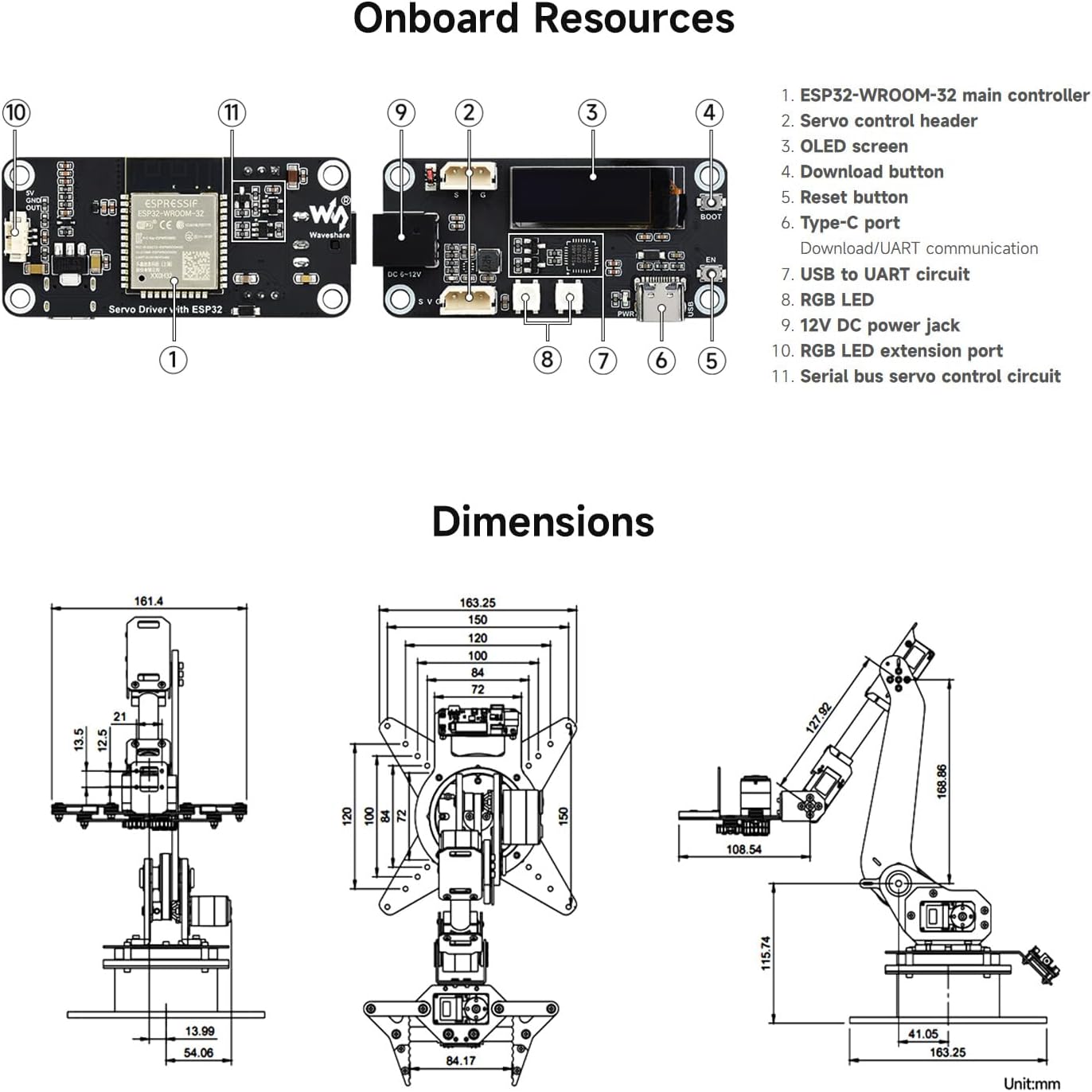 Waveshare Robotic Arm Kit, Desktop Robotic Kit, High-Torque Serial Bus Servo, Based On ESP32, 5-DOF, Supports Wireless Control