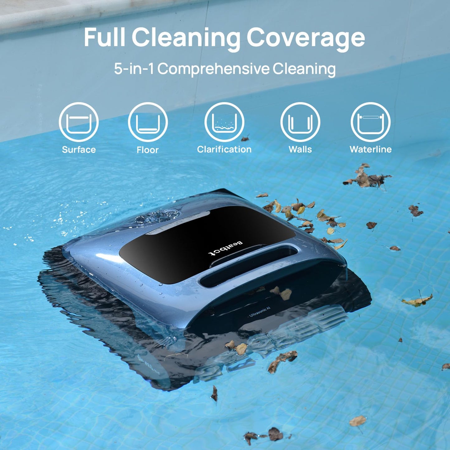 Beatbot AquaSense Pro Pool Robot Vacuum, 5-in-1 Comprehensive Cleaning, Intelligent Surface Parking, Clarifies Water, Skims Water Surface, Ideal for Inground Pool up to 3,299 Sq.ft - Navy Blue