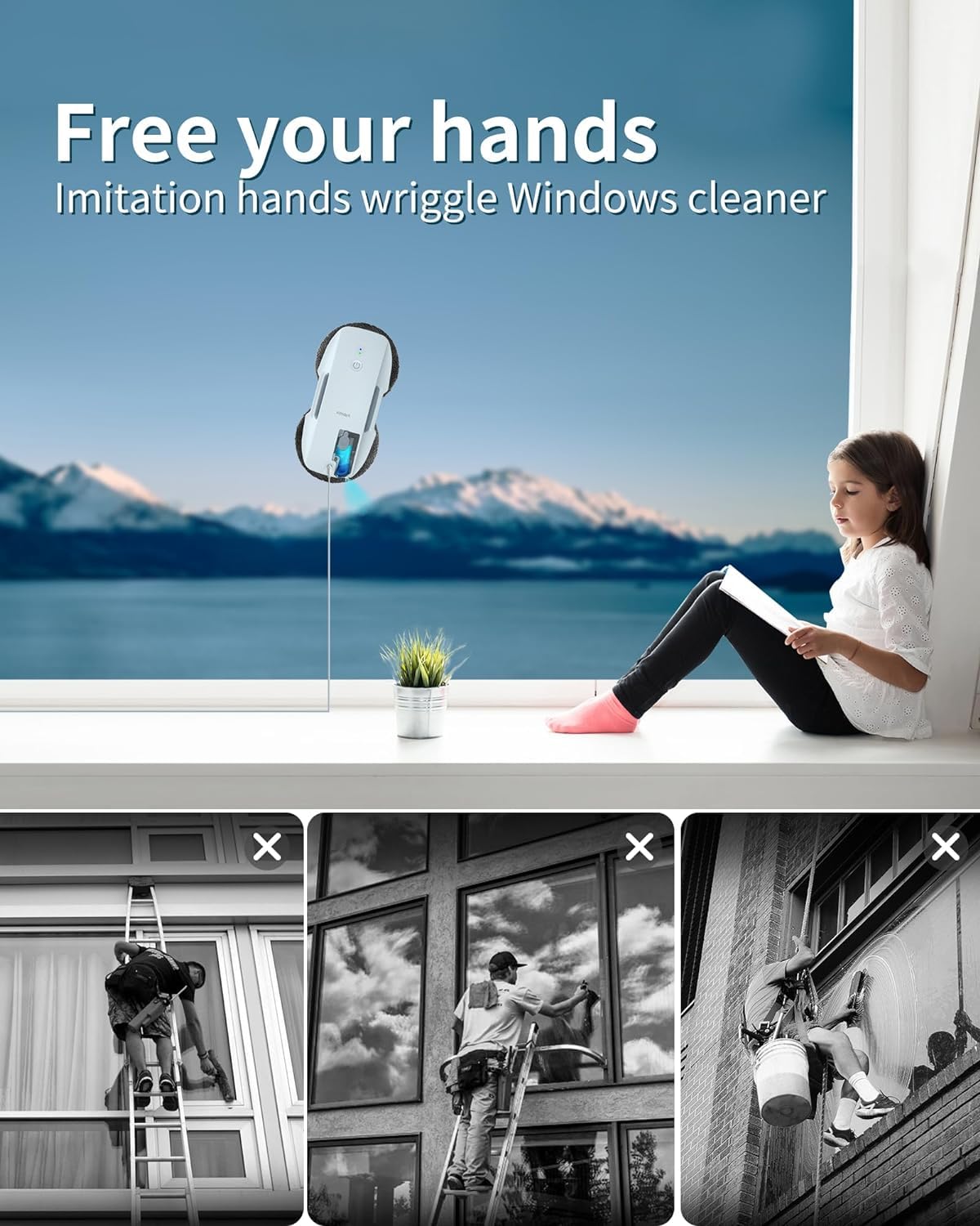 FMART T9Pro Window Cleaning Robot, Ultrasonic Atomization Intelligent Water Spray, 3800PA Suction Power, AI Intelligent Path Planning, Edge Detection Technology, Remote Control Robot Window Cleaner