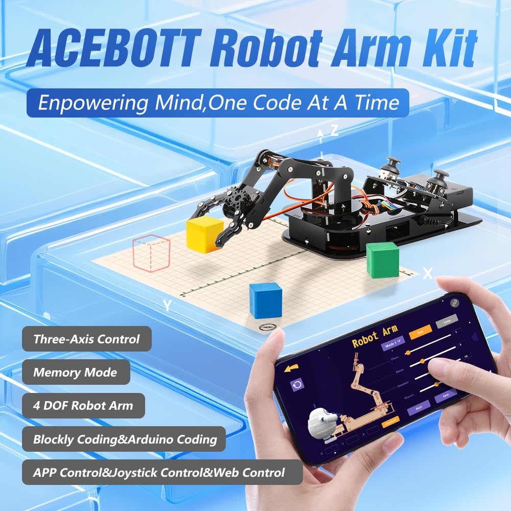 4 DOF ESP32 Programmable Robotic Arm Kit, Robotics Kit App Remote Control Robot Toys Compatible with Arduino, STEM Educational DIY Robot Arm Kit Gift for Teenagers & Adults