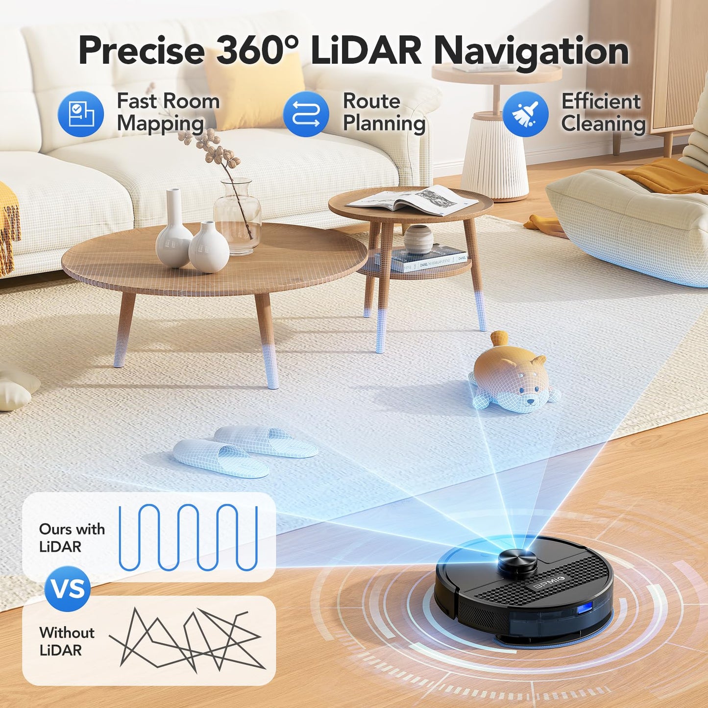 BPMIO Robot Vacuum and Mop Combo 4500Pa Max Suction with LiDAR Navigation Smart Mapping, 145 Min Runtime Customized Cleaning Schedule, Works with Alexa/WiFi/App, Great for Pet Hair, Carpet, Hard Floor