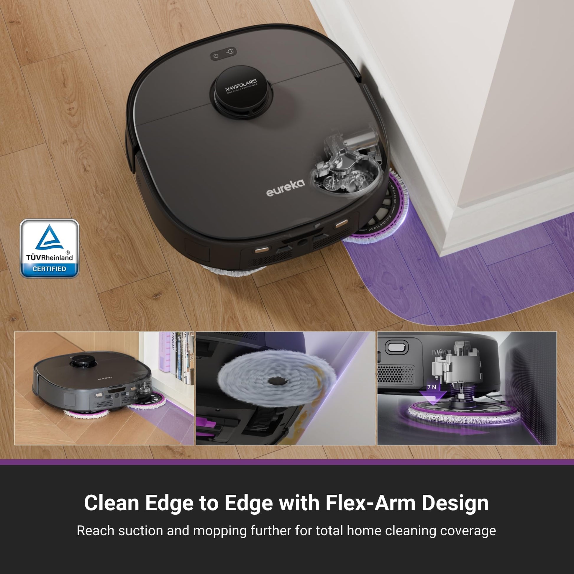 Eureka J15 Pro Ultra Robot Vacuum and Mop with Self Emptying Base, 16,200 Pa Suction, Flex-Arm Design Mop, Auto Mop Hot Water Washing & Hot Air Drying, Anti-Tangle, AI Obstacle Avoidance, Black