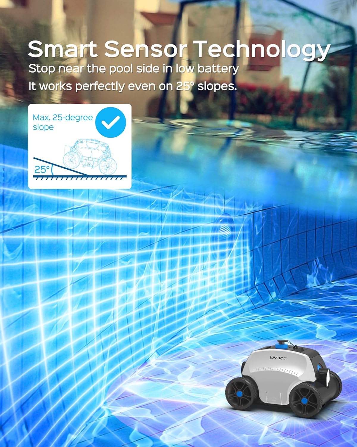 WYBOT Sophisticated Robotic Pool Vacuum Cleaner, Dual Strong Suction Port, 130min Runtime, Cordless Pool Cleaner, World's First Smart Protection System, Ideal for Pools Up to 1300 Sq.ft (Renewed)