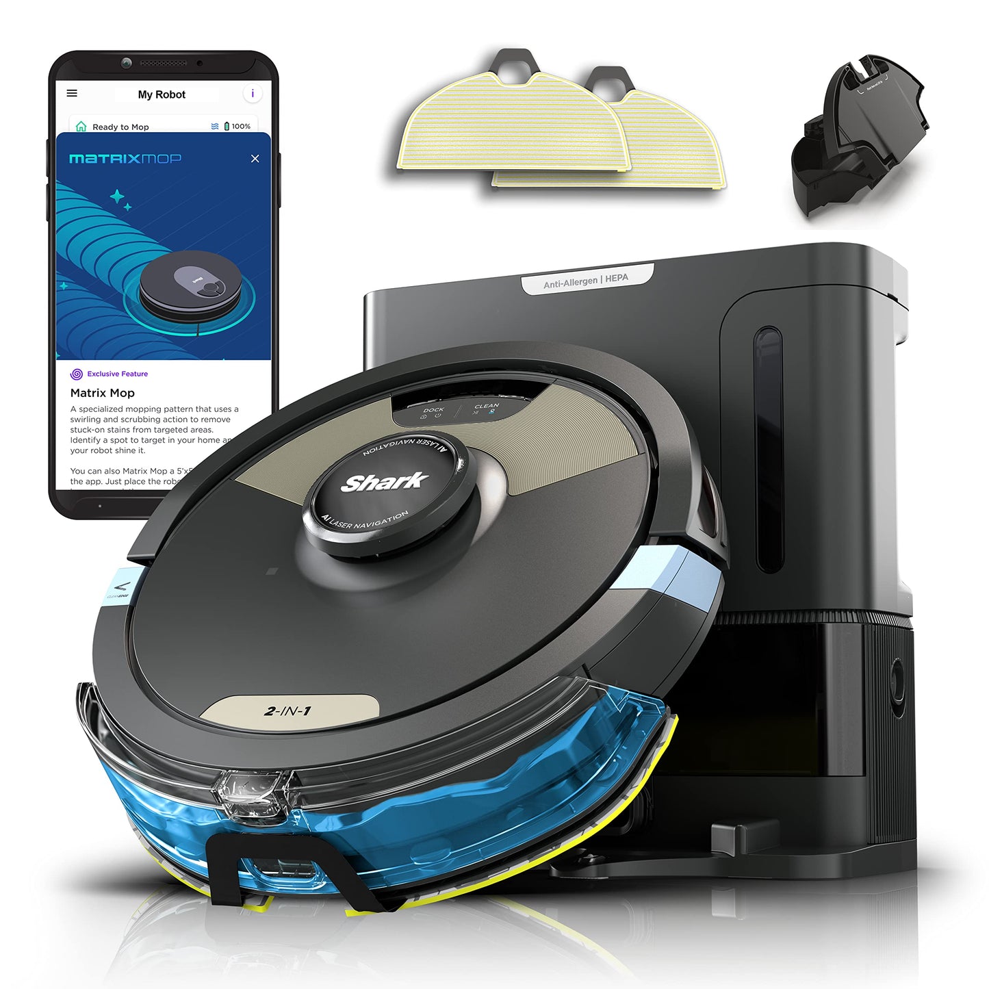 Shark AV2501S AI Ultra Robot Vacuum, with Matrix Clean, Home Mapping, 30-Day Capacity HEPA Bagless Self Empty Base, Perfect for Pet Hair, Wifi, Dark Grey