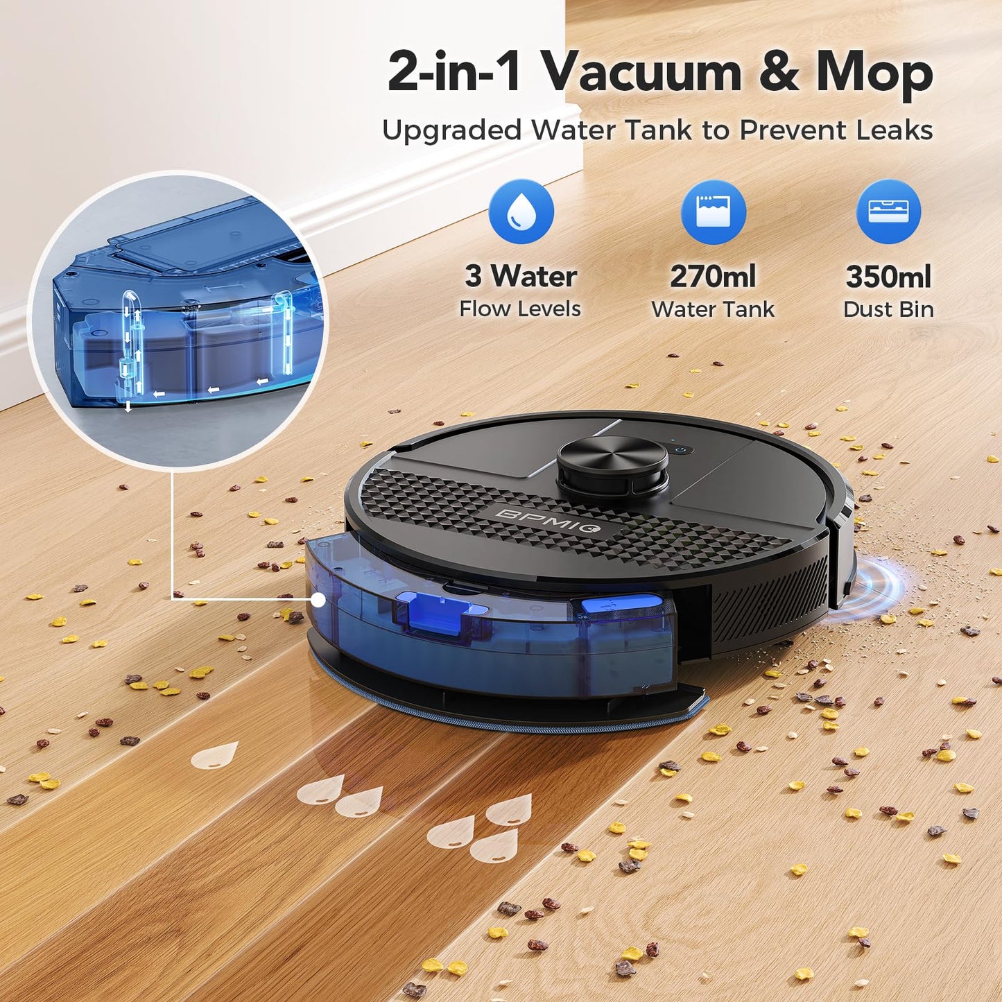 BPMIO Robot Vacuum and Mop Combo 4500Pa Max Suction with LiDAR Navigation Smart Mapping, 145 Min Runtime Customized Cleaning Schedule, Works with Alexa/WiFi/App, Great for Pet Hair, Carpet, Hard Floor