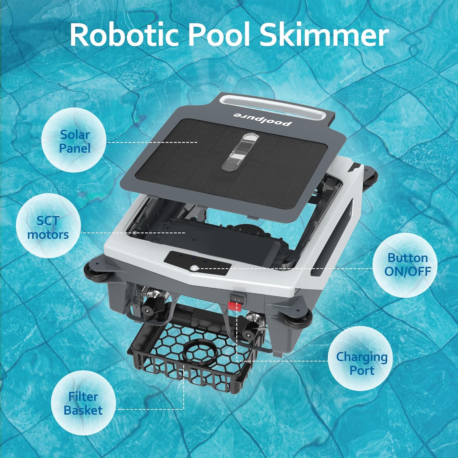 POOLPURE Pool Skimmer Robot with Solar Panel Automatically Design, Pool Surface Skimmer Robotic, Twin Motors Automatic Pool Skimmer (Skimmer with Solar Panel)