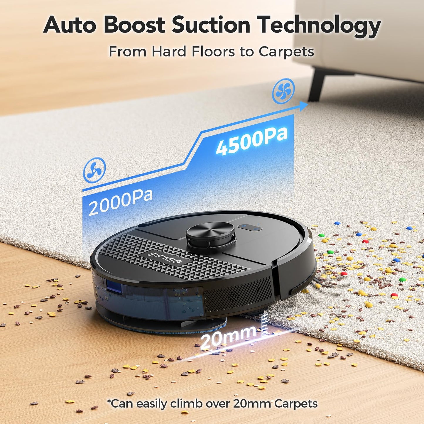 BPMIO Robot Vacuum and Mop Combo 4500Pa Max Suction with LiDAR Navigation Smart Mapping, 145 Min Runtime Customized Cleaning Schedule, Works with Alexa/WiFi/App, Great for Pet Hair, Carpet, Hard Floor