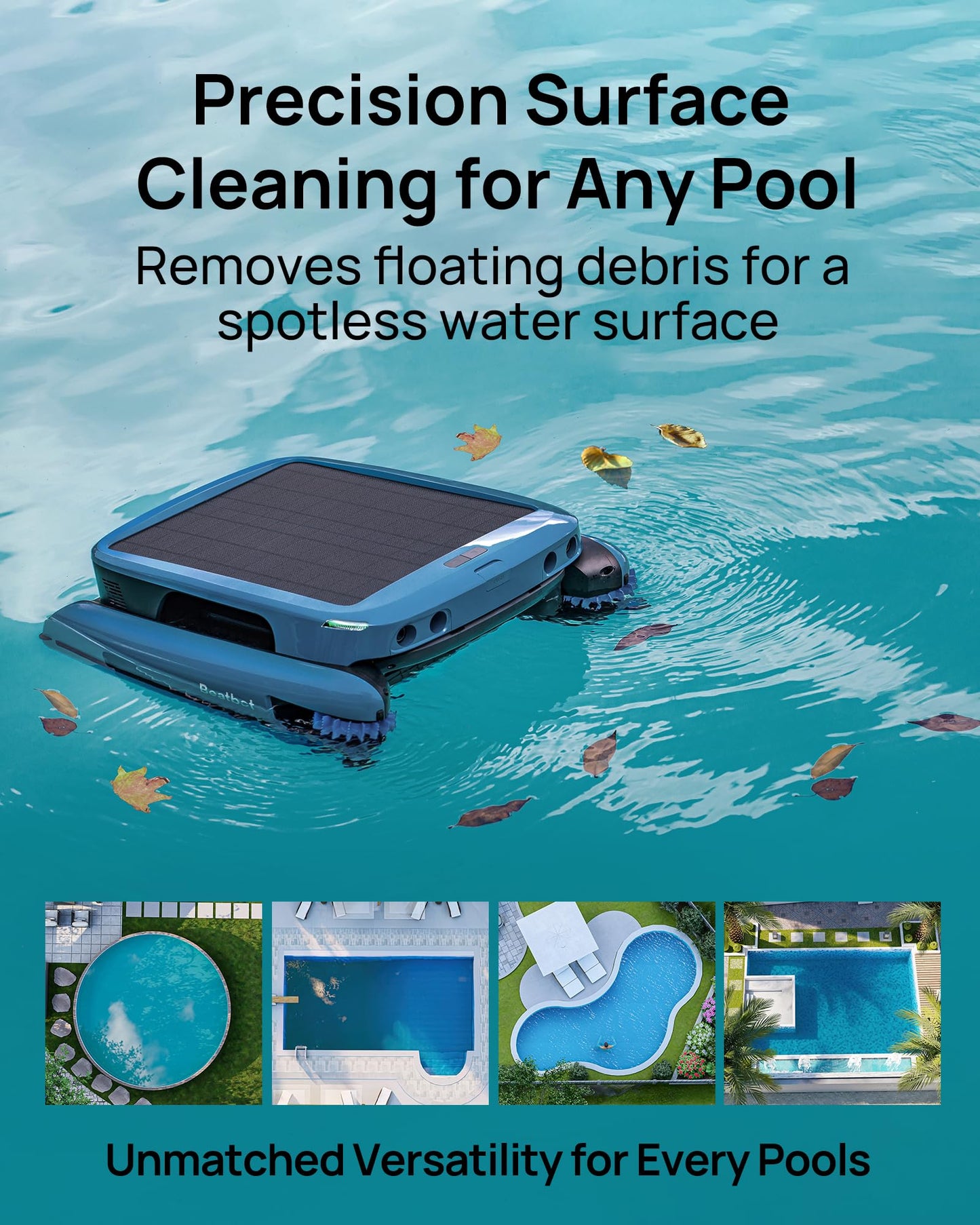 Beatbot iSkim Ultra Solar-Powered Robotic Pool Skimmer, Pool Surface Cleaning Only, Revolutionary Clearwater Clarification System, App Remote Control, S-Path Optimization, Dual-Side Brushes, Ice Blue