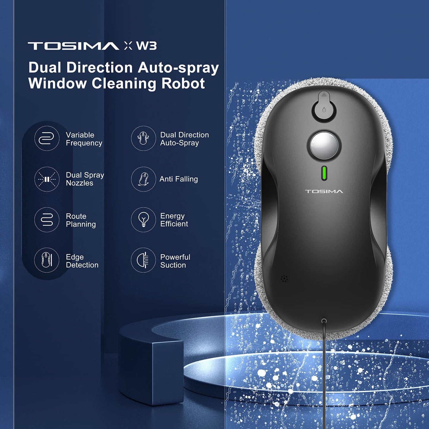 Tosima W2 Window Cleaner Robot, Automatic Cleaning with Intelligent Path Planning, 3800Pa Suction Power, Edge Detection Technology, Remote Control