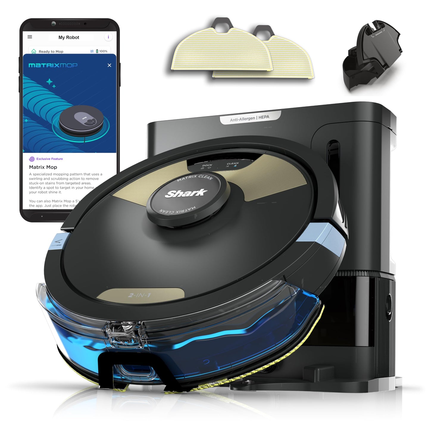 Shark Matrix Plus 2in1 Robot Vacuum & Mop with Sonic Mopping, Matrix Clean, Home Mapping, HEPA Bagless Self Empty Base, CleanEdge, for Pet Hair, Wifi, Black/Silver (RV2610WA)