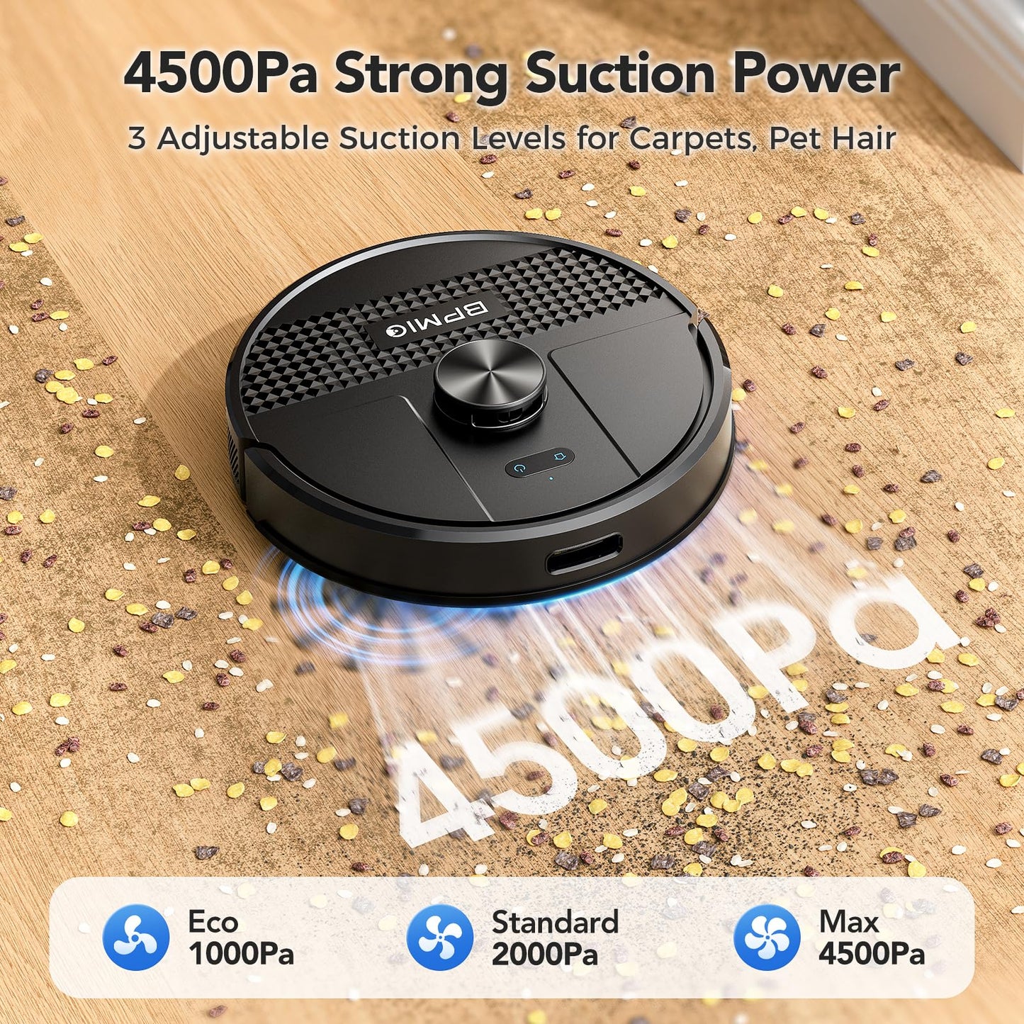 BPMIO Robot Vacuum and Mop Combo 4500Pa Max Suction with LiDAR Navigation Smart Mapping, 145 Min Runtime Customized Cleaning Schedule, Works with Alexa/WiFi/App, Great for Pet Hair, Carpet, Hard Floor